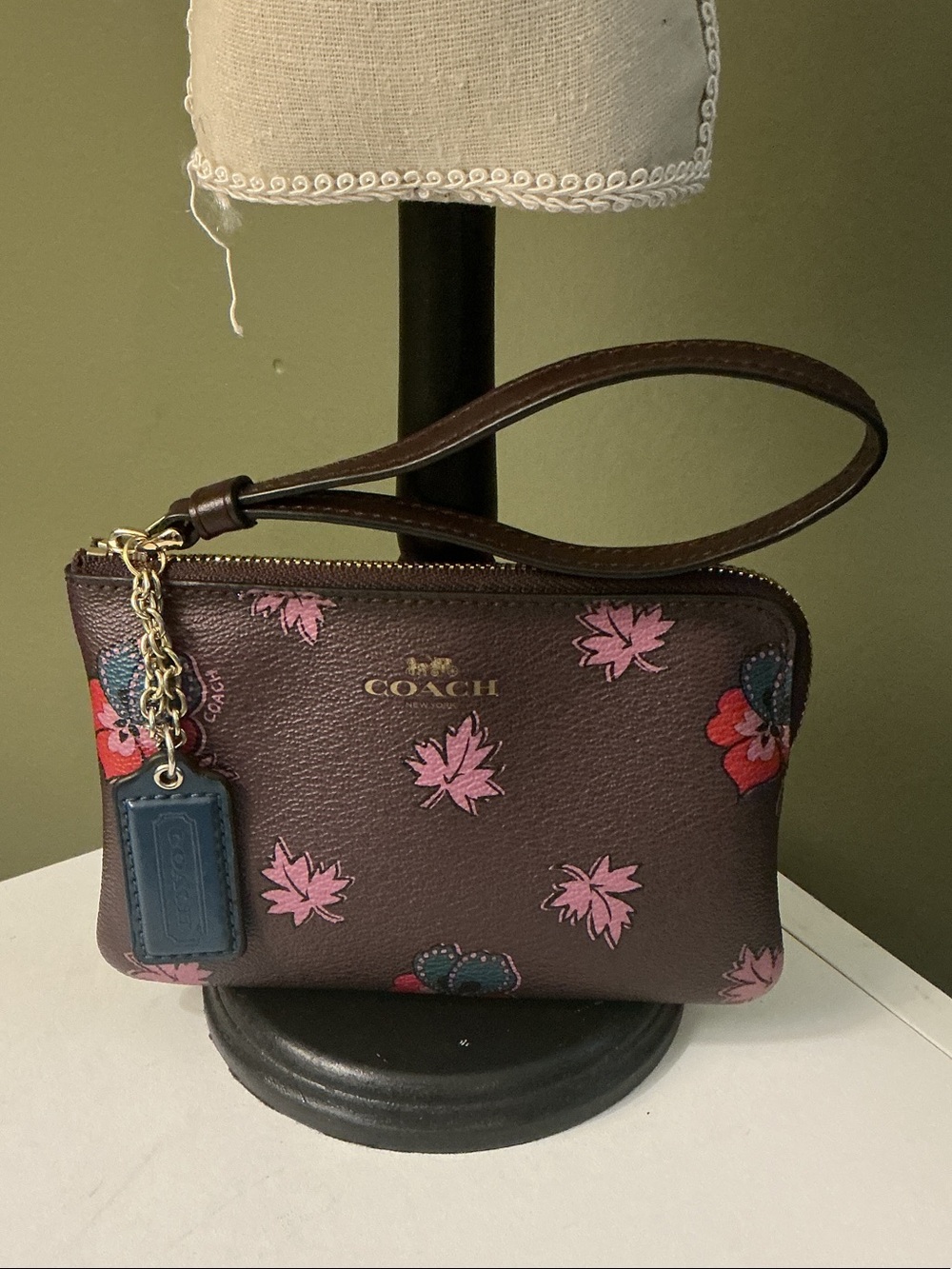 COACH Dark Brown Floral Leather Wristlet with Pink & Red Accents Hangtag